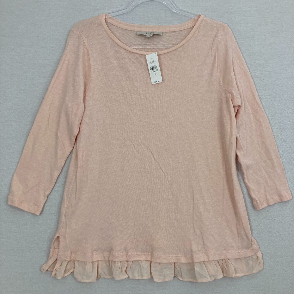 LOFT Pale Pink Ruffle-Hem 3/4 Sleeve Blouse